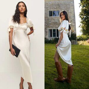 NWT Reformation Stella Maxi Silk Dress Ivory Lace Trim Puff Sleeves